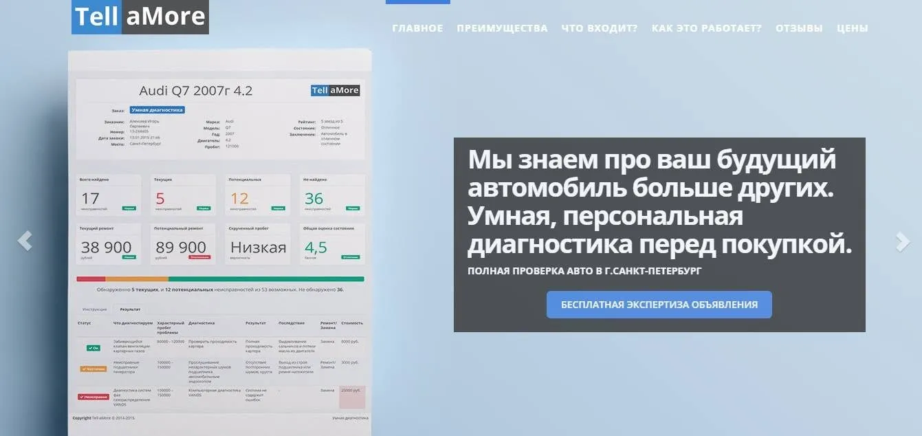 The original TellaMore landing page, with a sample report, an explanation of the inspection service, and a request button.